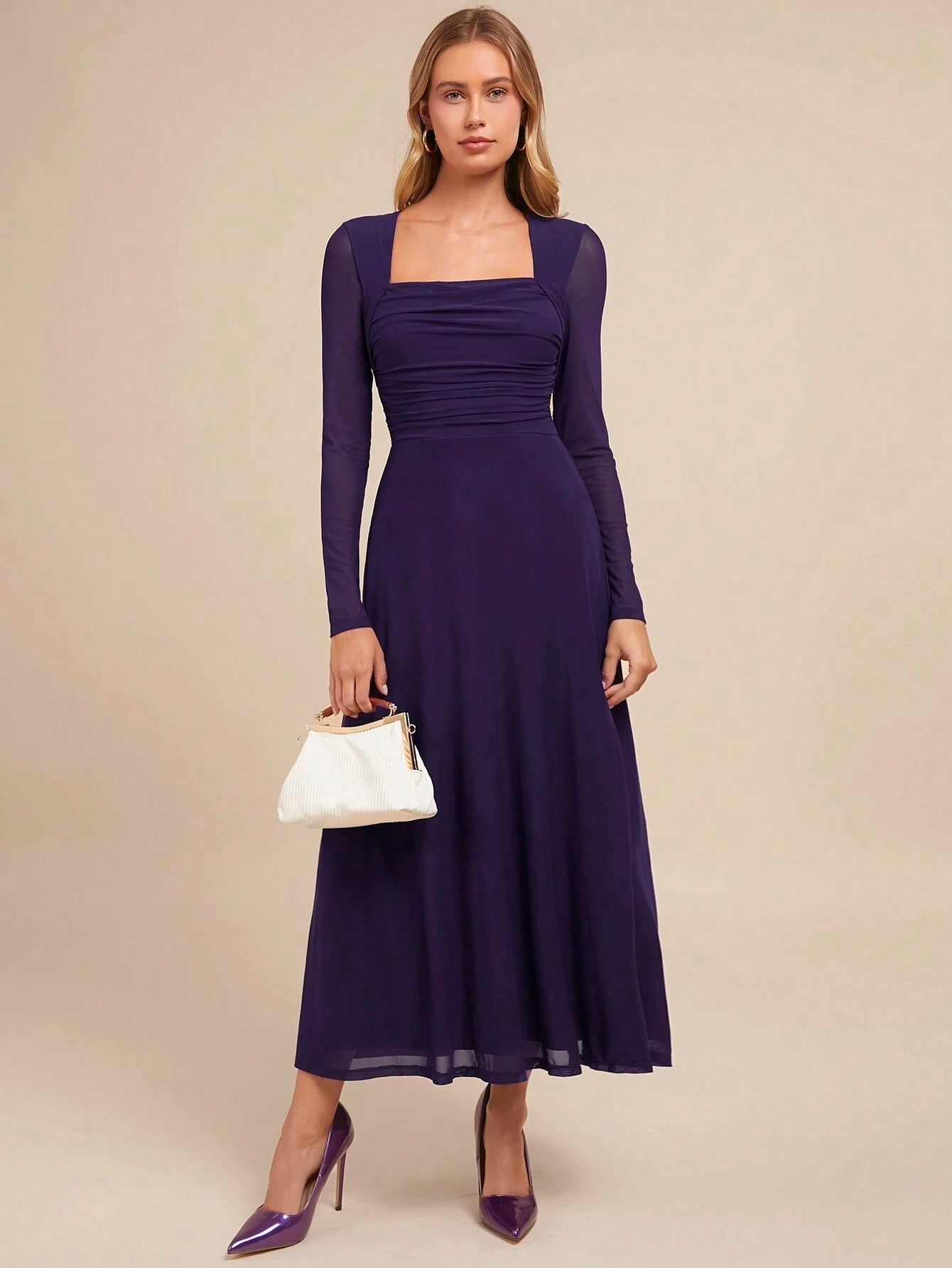 Women's Elegant Square Neck Long Sleeve A-Line Purple Party Dress