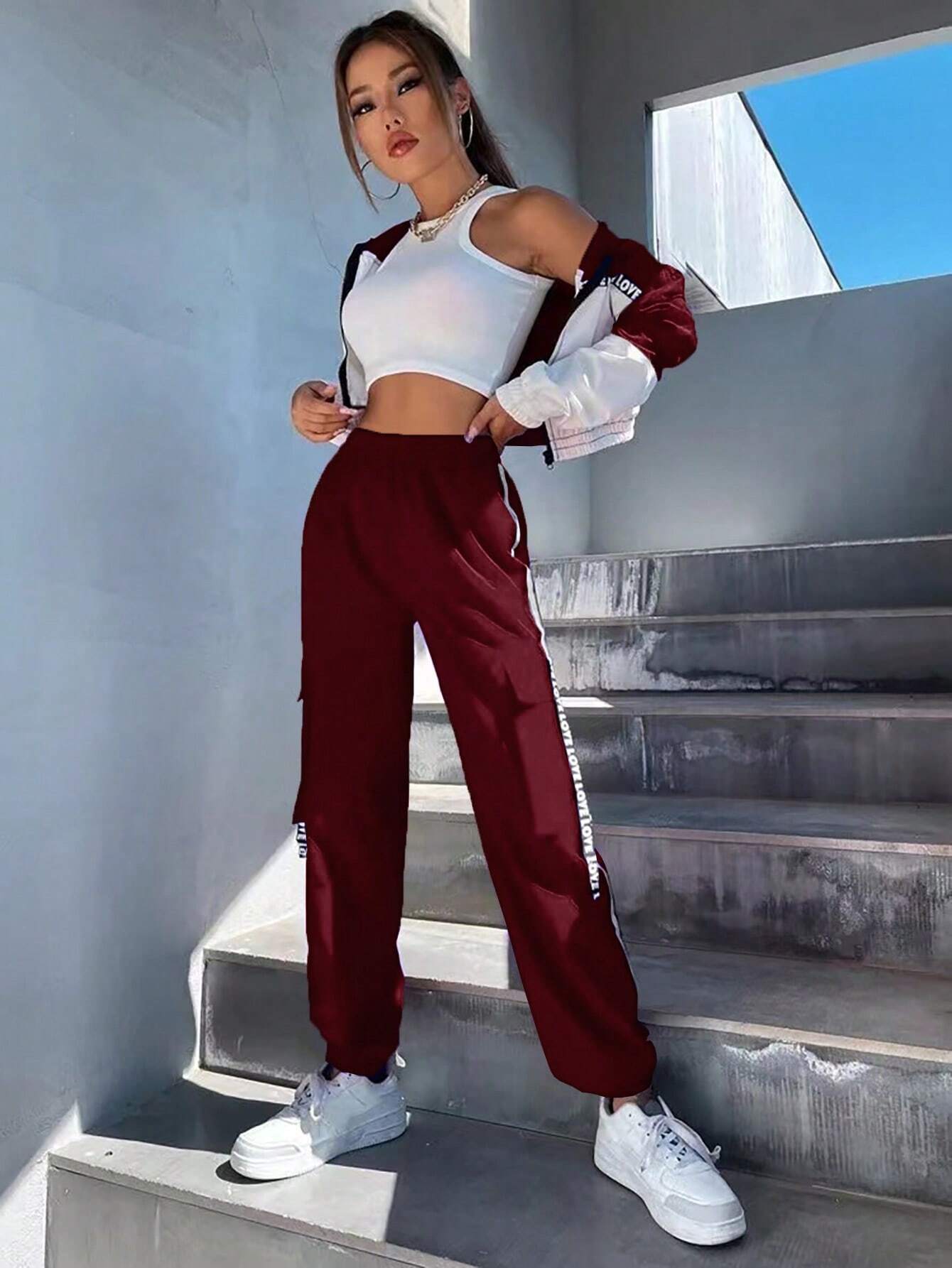 MOOSTA Two Tone Drop Shoulder Letter Tape Zipper Up Jacket & Cargo Pants shein