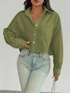 ChicEase Women Plain Button Front Long Sleeve Pocket Casual Shirt shein