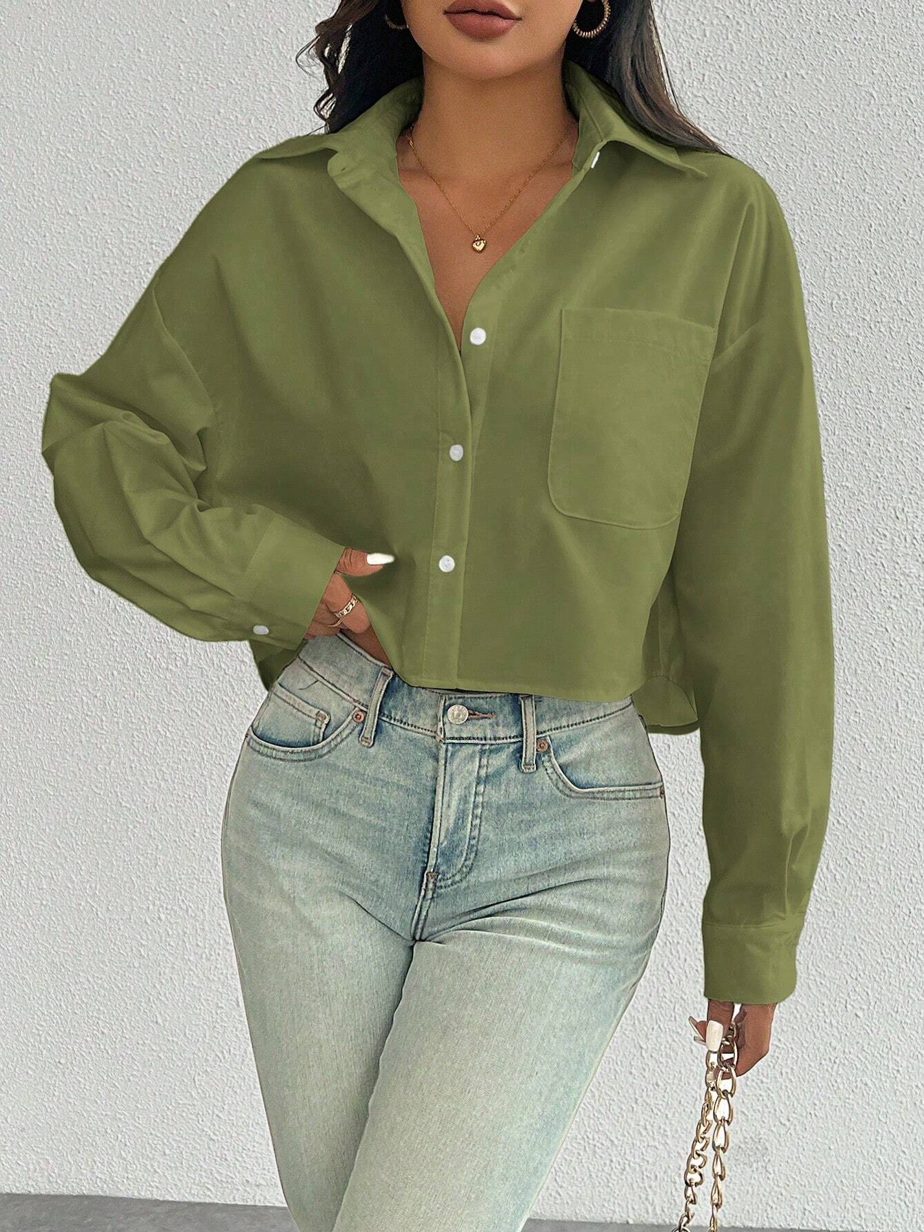 ChicEase Women Plain Button Front Long Sleeve Pocket Casual Shirt shein