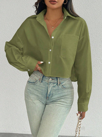 ChicEase Women Plain Button Front Long Sleeve Pocket Casual Shirt