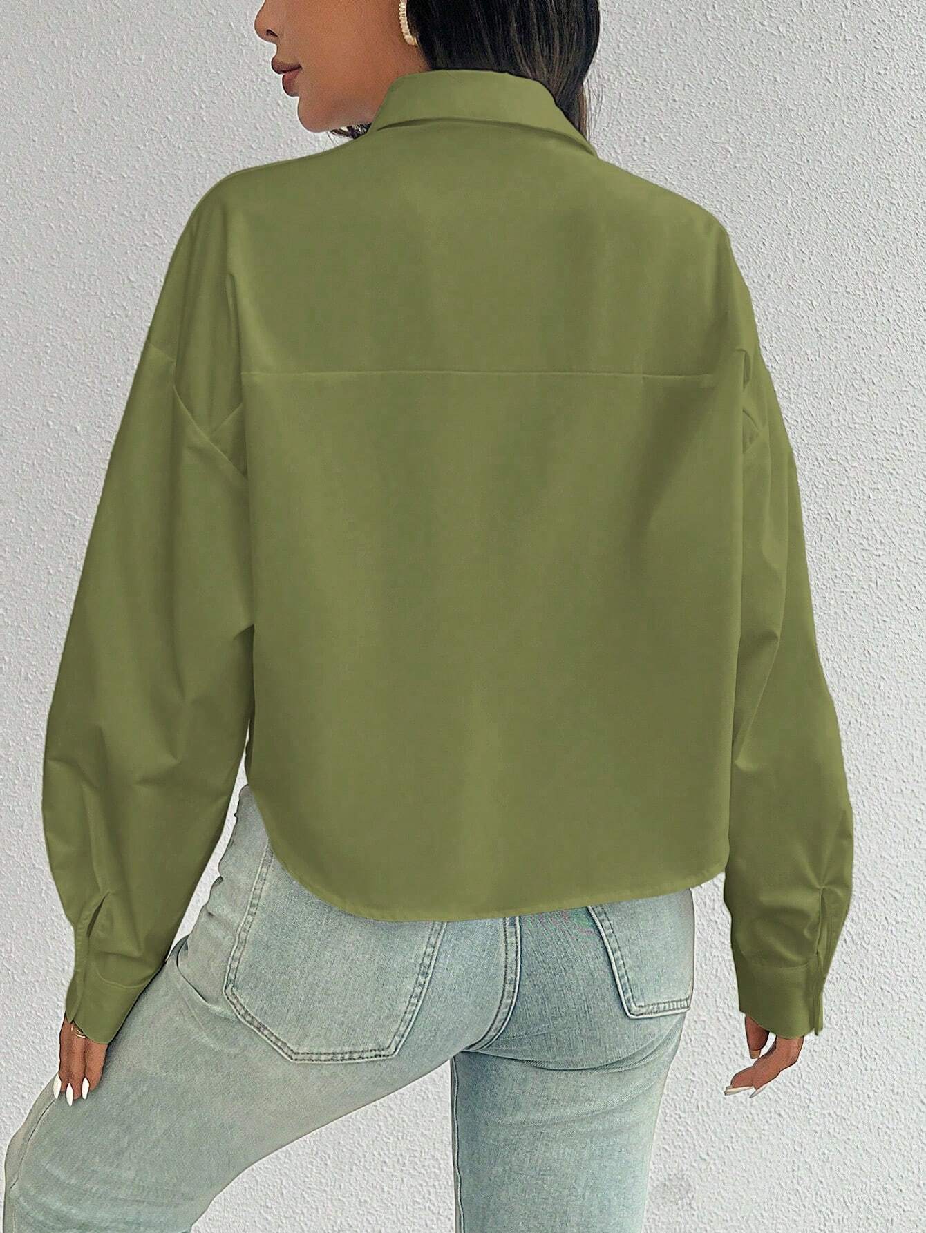 ChicEase Women Plain Button Front Long Sleeve Pocket Casual Shirt shein