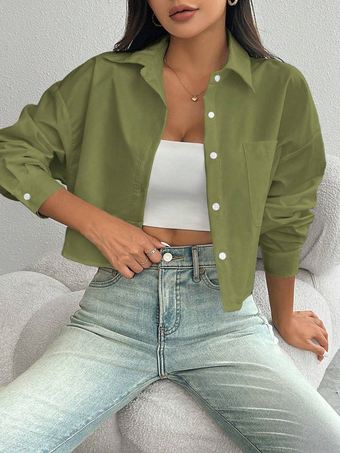 ChicEase Women Plain Button Front Long Sleeve Pocket Casual Shirt shein