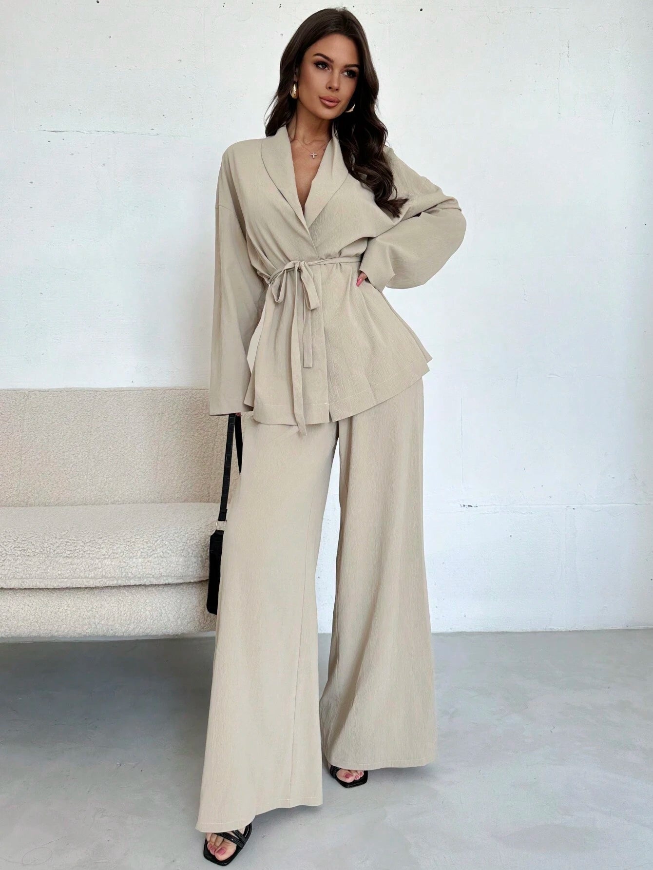 Women Collar Tie Waist Loose Shacket With High Waist Soft Pants shein