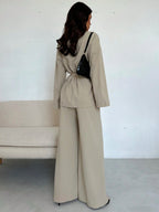 Women Collar Tie Waist Loose Shacket With High Waist Soft Pants shein