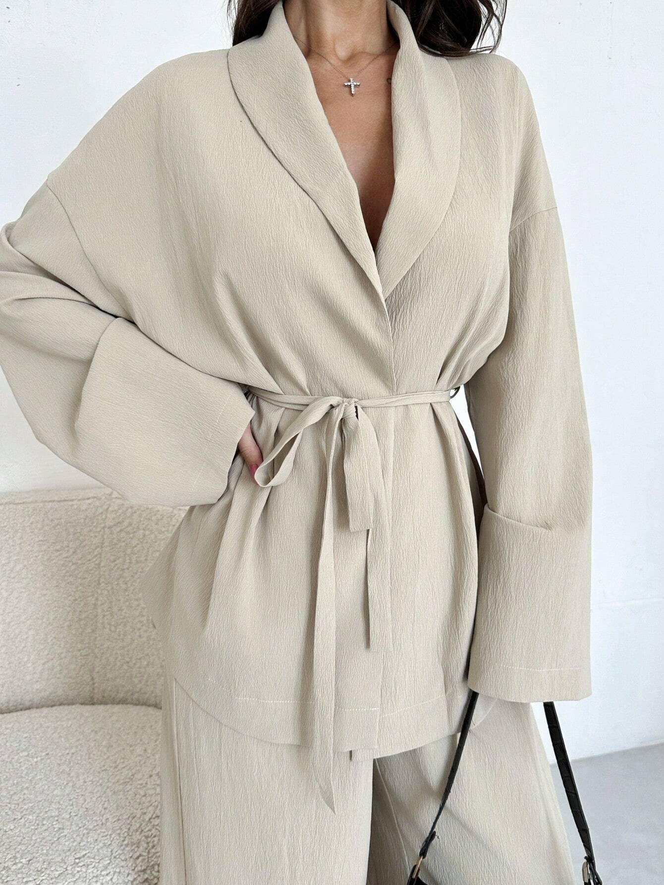 Women Collar Tie Waist Loose Shacket With High Waist Soft Pants shein