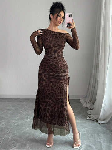 Raffinéa Elegant Tie Dye Gradient Ruched Mesh Leopard Print Asymmetrical Neck High Slit Dress