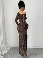 Raffinéa Elegant Tie Dye Gradient Ruched Mesh Leopard Print Asymmetrical Neck High Slit Dress shein