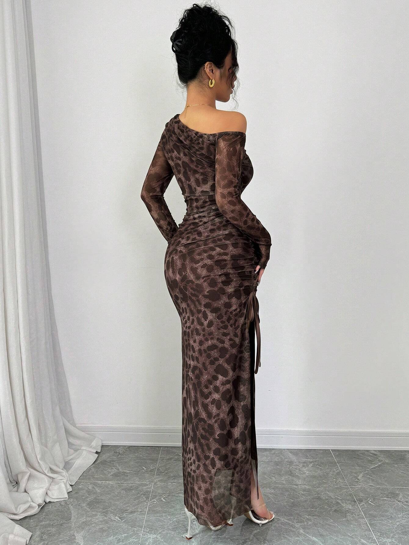 Raffinéa Elegant Tie Dye Gradient Ruched Mesh Leopard Print Asymmetrical Neck High Slit Dress shein