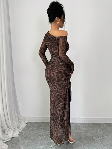 Raffinéa Elegant Tie Dye Gradient Ruched Mesh Leopard Print Asymmetrical Neck High Slit Dress