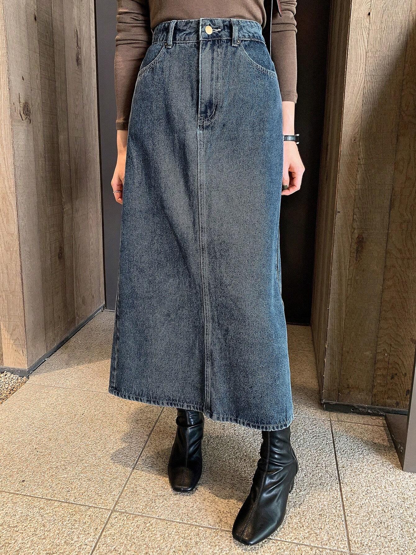 DAZY Women Washed Slit Pocket Solid Color Casual Denim Skirt shein