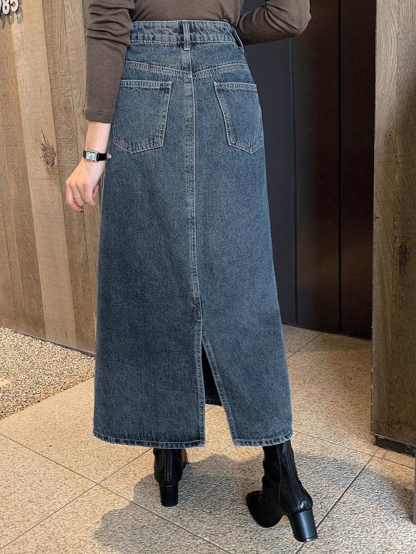 DAZY Women Washed Slit Pocket Solid Color Casual Denim Skirt shein