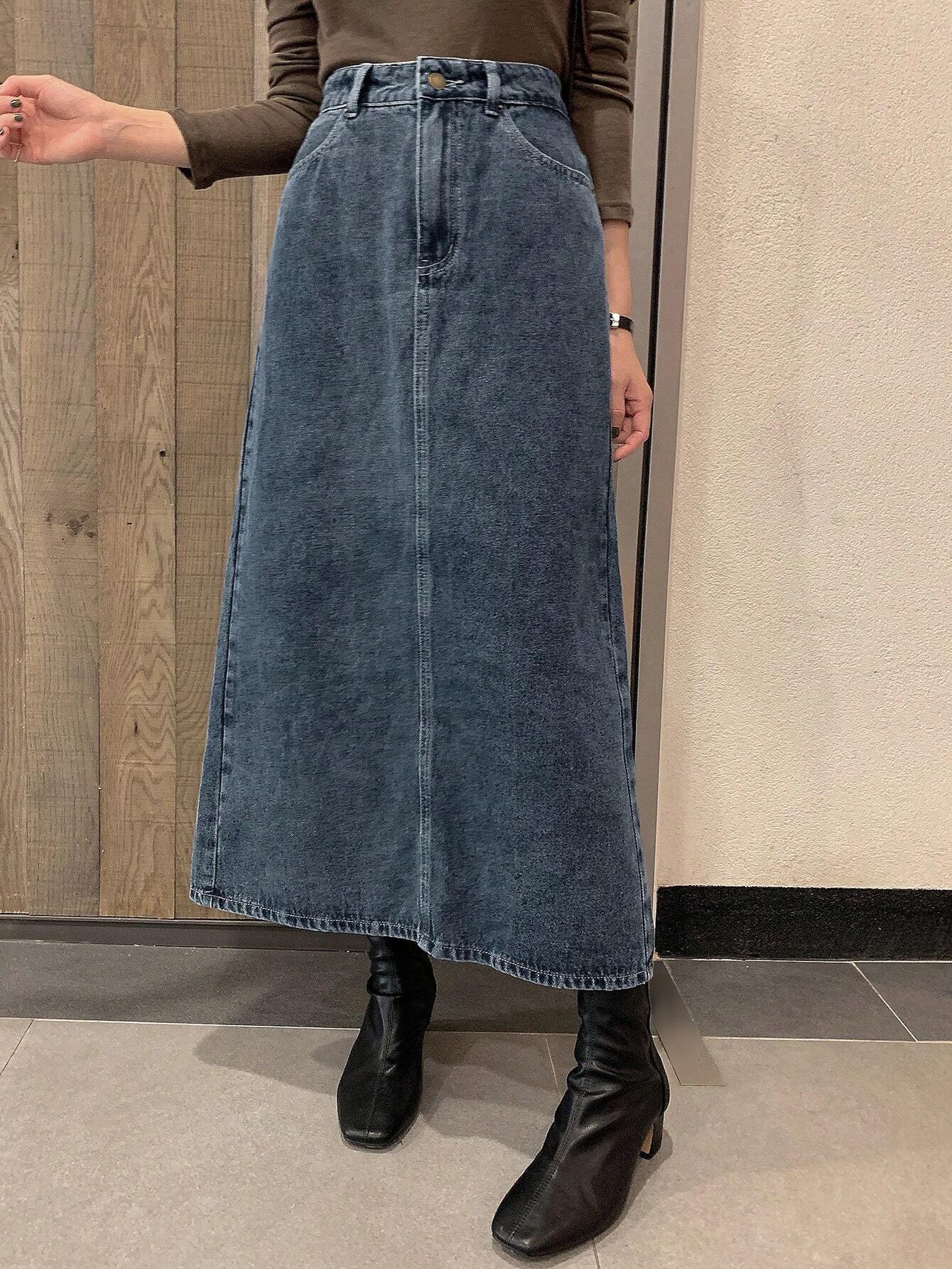 DAZY Women Washed Slit Pocket Solid Color Casual Denim Skirt shein