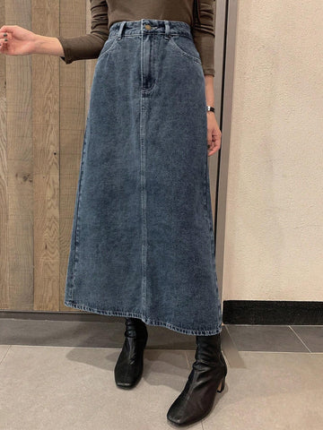 DAZY Women Washed Slit Pocket Solid Color Casual Denim Skirt