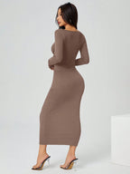 PETITE Autumn Wear Solid Color Square Neck Tight Black Long-Sleeved Dress shein