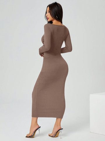 PETITE Autumn Wear Solid Color Square Neck Tight Black Long-Sleeved Dress