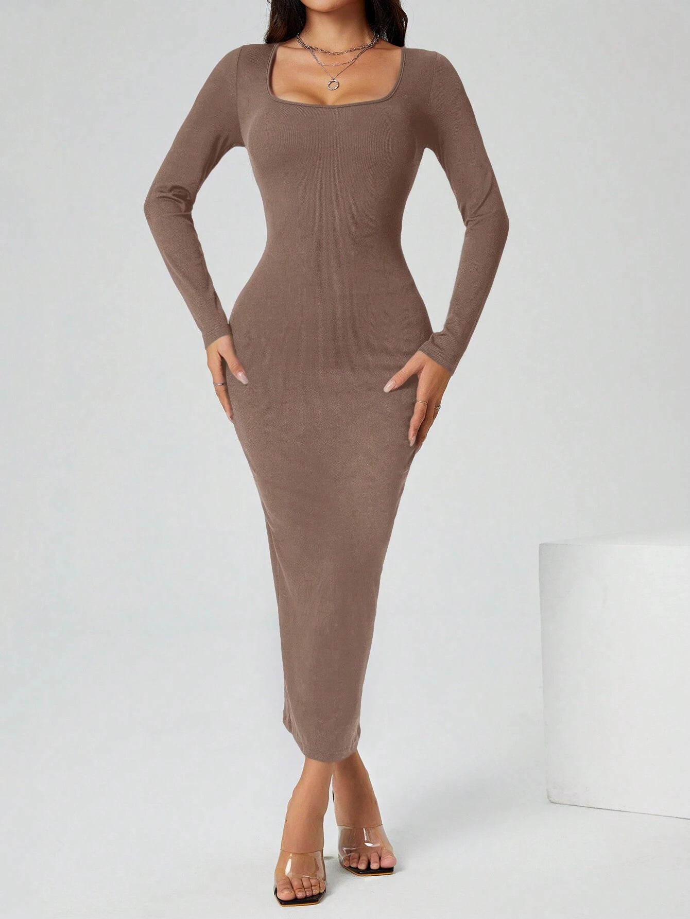 PETITE Autumn Wear Solid Color Square Neck Tight Black Long-Sleeved Dress shein
