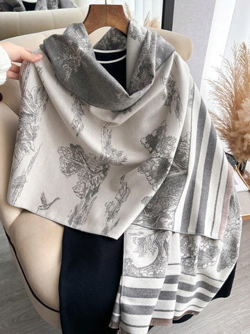 1pc Women's Reversible Imitation Cashmere Floral Printed Warm Scarf Shawl