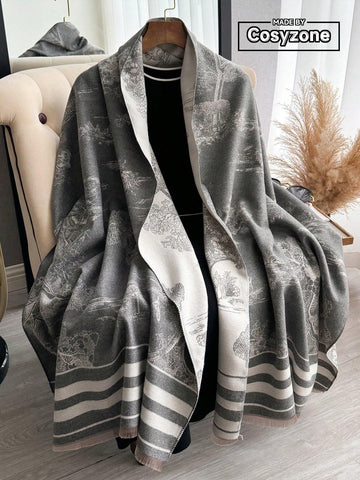 1pc Women's Reversible Imitation Cashmere Floral Printed Warm Scarf Shawl