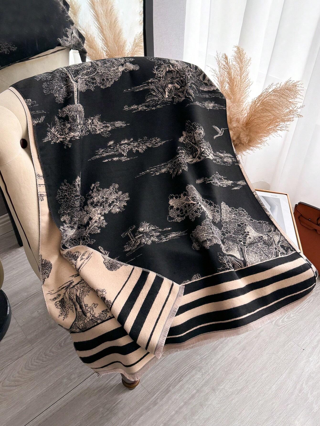 1pc Women's Reversible Imitation Cashmere Floral Printed Warm Scarf Shawl
