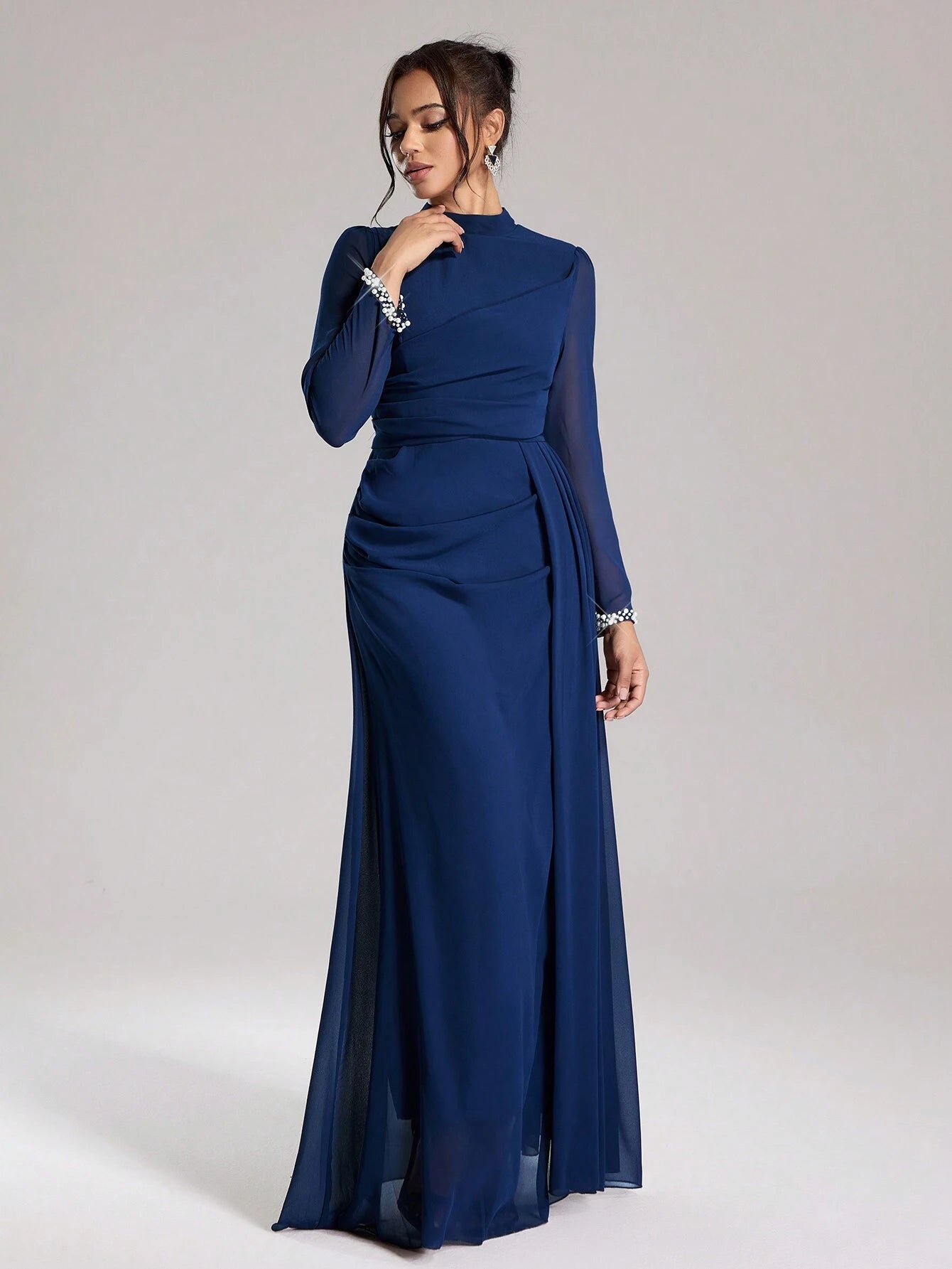 Coutiva Sequin Pearl Cuff Elegant Formal Long Sleeve Dress shein
