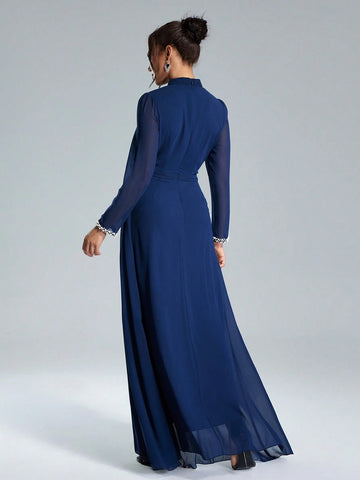 Coutiva Sequin Pearl Cuff Elegant Formal Long Sleeve Dress