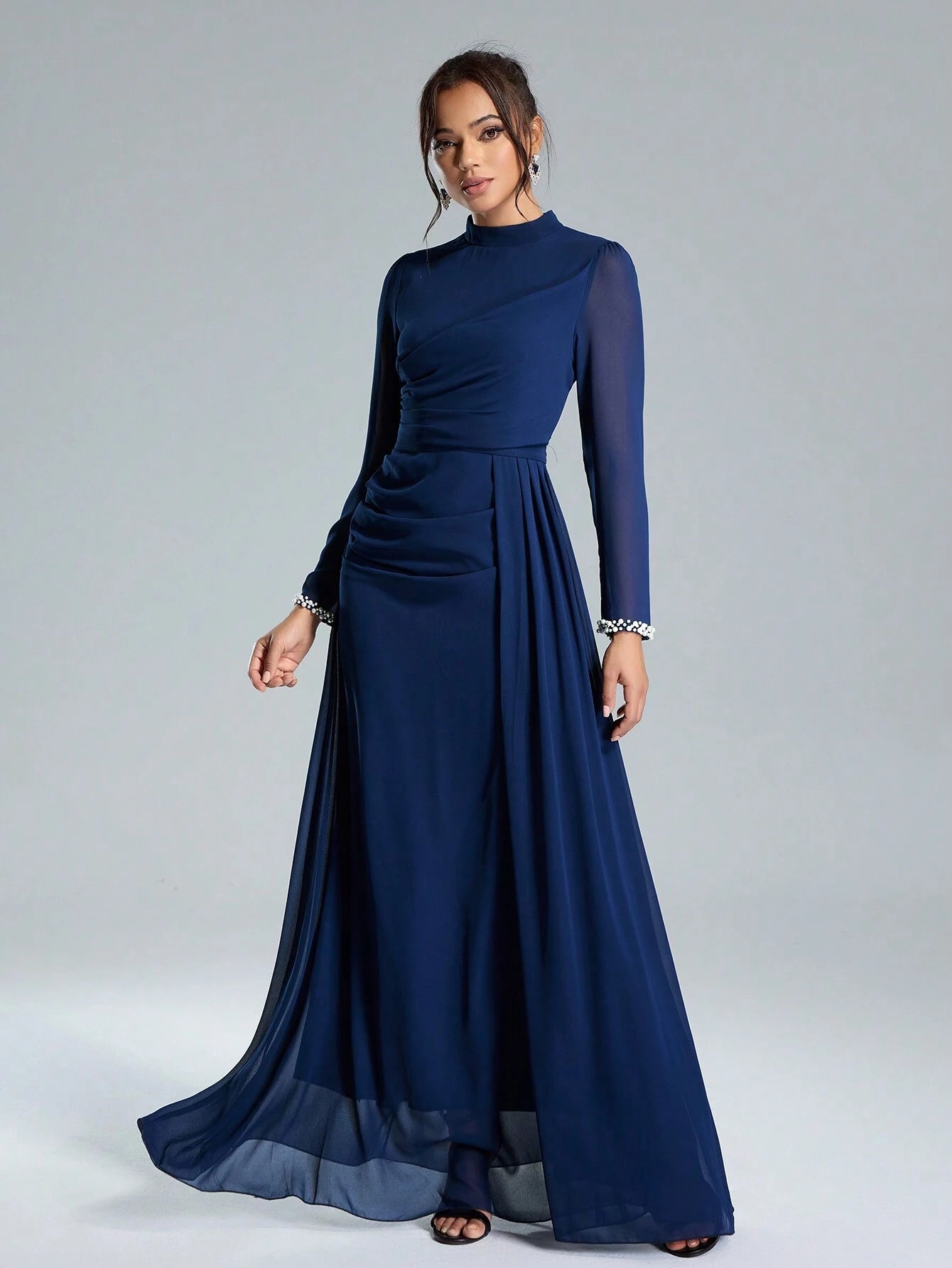 Coutiva Sequin Pearl Cuff Elegant Formal Long Sleeve Dress shein