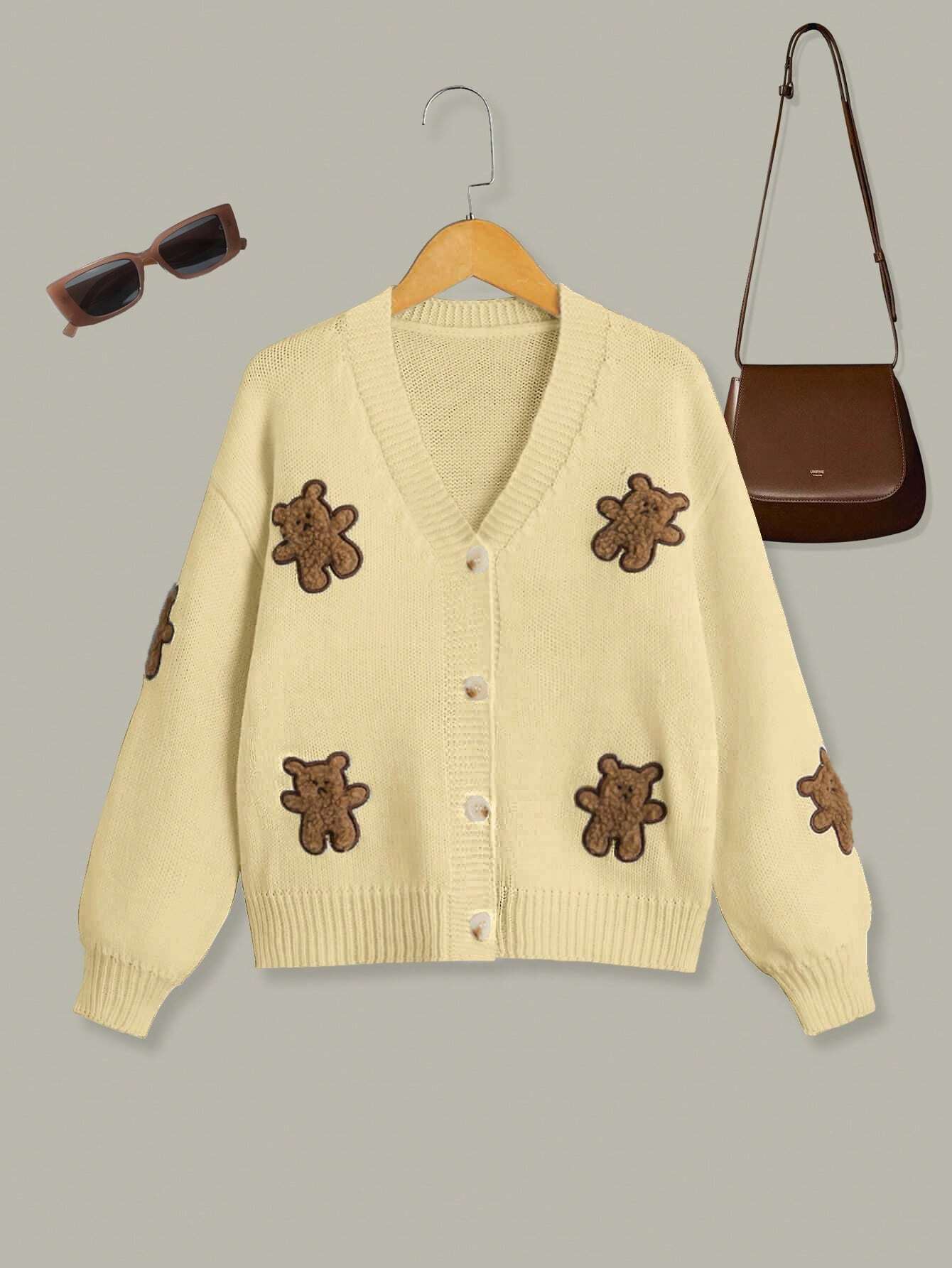 Streecool Kids Tween Girl Bear Embroidery Drop Shoulder Cardigan