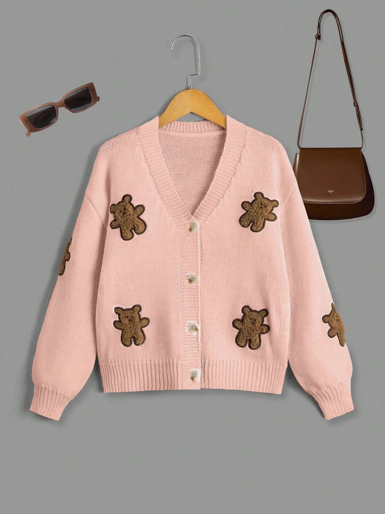 Streecool Kids Tween Girl Bear Embroidery Drop Shoulder Cardigan