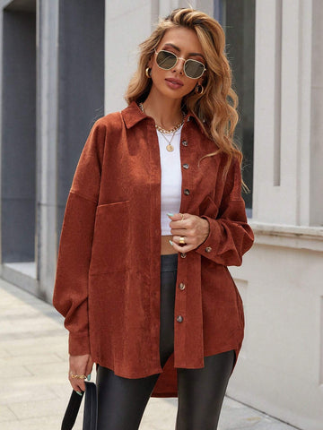Essnce Women's Plain Color Commuter Casual Front Button Shirt Collar Pocket Detail Faux Leather Coat
