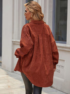 Essnce Women's Plain Color Commuter Casual Front Button Shirt Collar Pocket Detail Faux Leather Coat