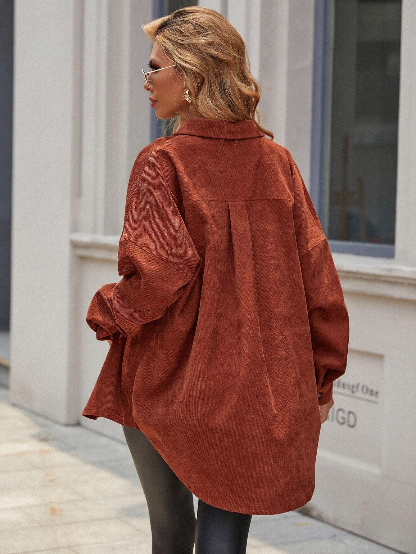 Essnce Women's Plain Color Commuter Casual Front Button Shirt Collar Pocket Detail Faux Leather Coat