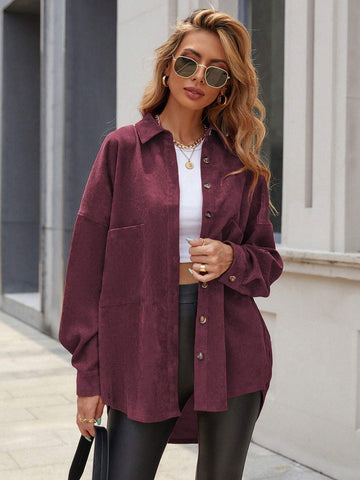 Essnce Women's Plain Color Commuter Casual Front Button Shirt Collar Pocket Detail Faux Leather Coat