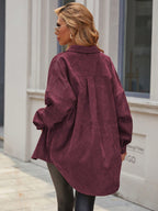 Essnce Women's Plain Color Commuter Casual Front Button Shirt Collar Pocket Detail Faux Leather Coat