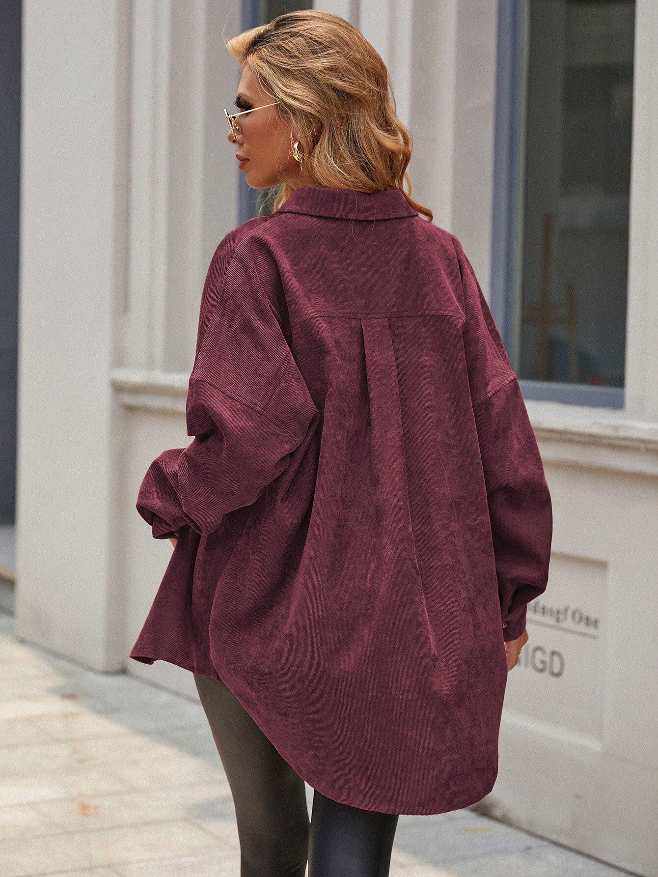 Essnce Women's Plain Color Commuter Casual Front Button Shirt Collar Pocket Detail Faux Leather Coat