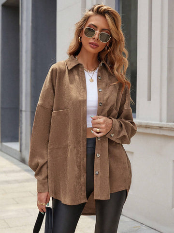 Essnce Women's Plain Color Commuter Casual Front Button Shirt Collar Pocket Detail Faux Leather Coat