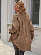 Essnce Women's Plain Color Commuter Casual Front Button Shirt Collar Pocket Detail Faux Leather Coat