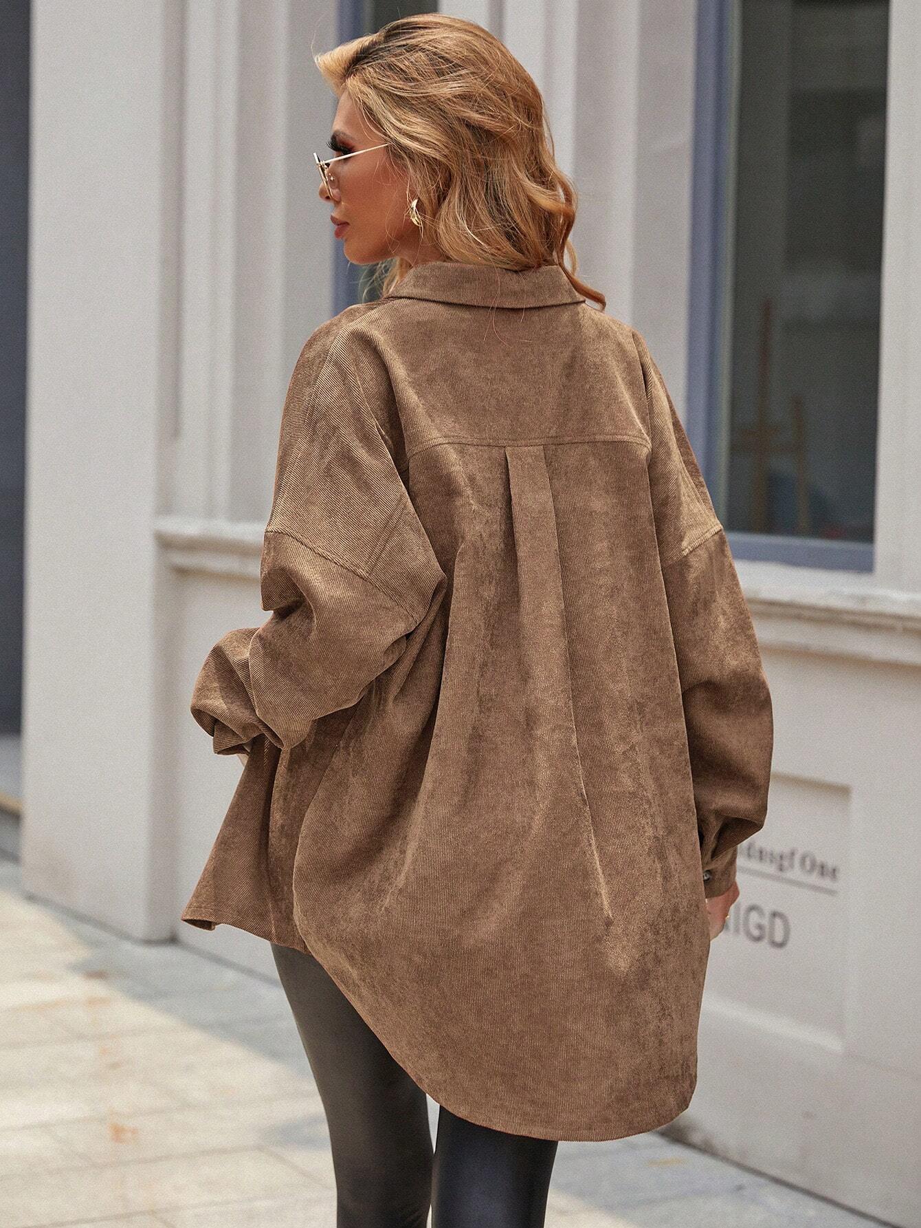 Essnce Women's Plain Color Commuter Casual Front Button Shirt Collar Pocket Detail Faux Leather Coat