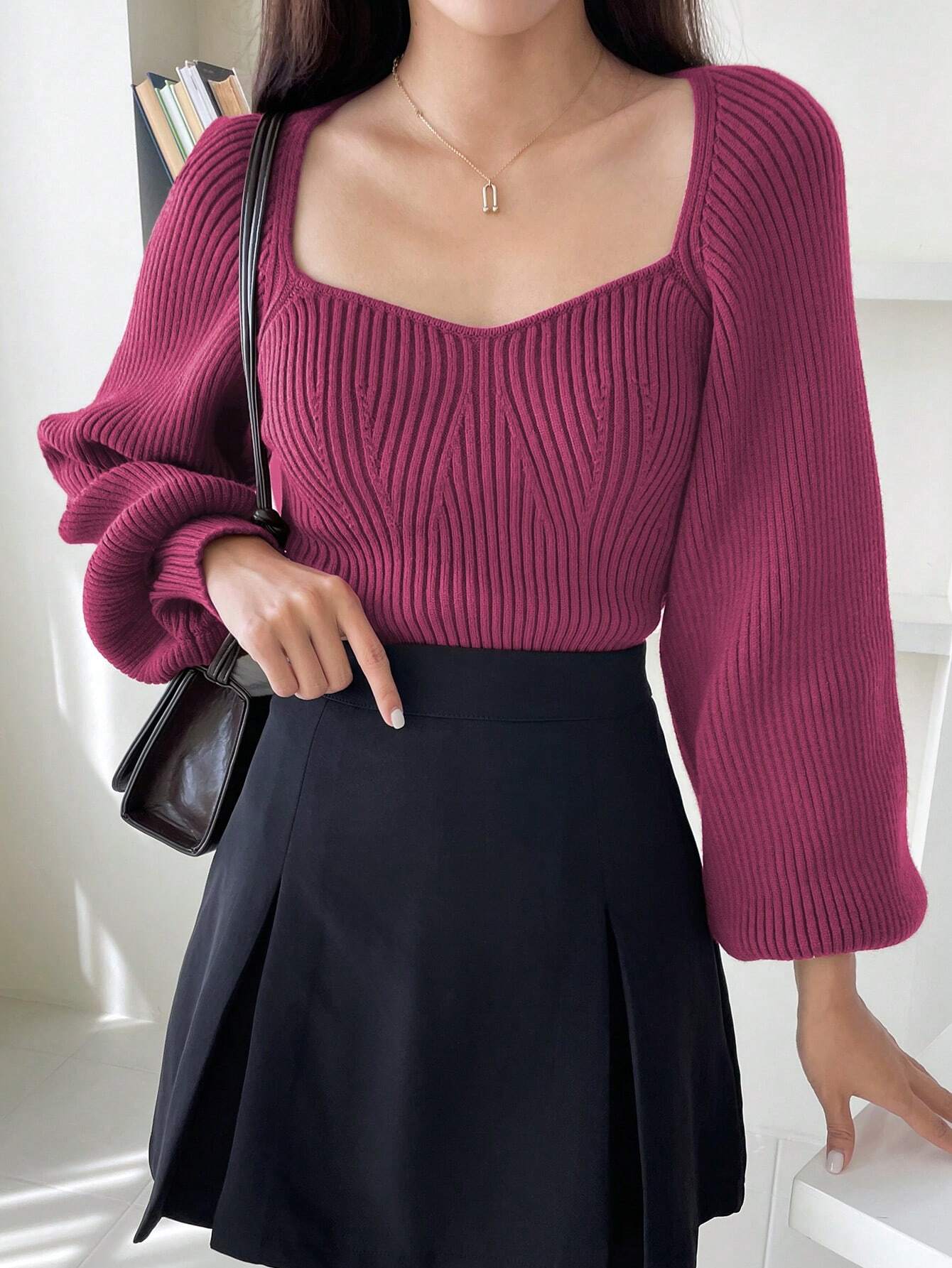DAZY Sweetheart Neck Raglan Sleeve Sweater shein