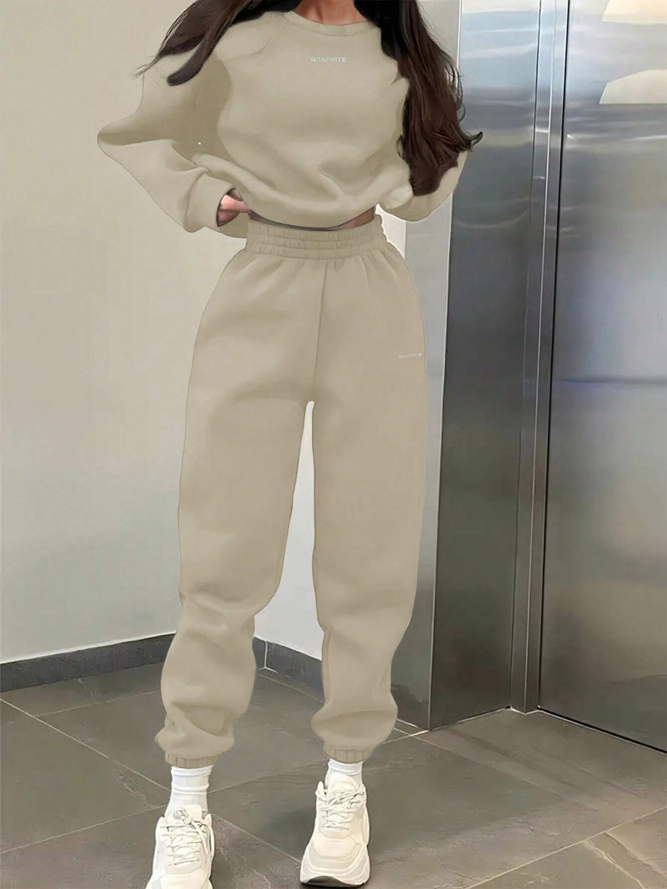EZwear 2pcs Women's Casual Letter Print Sweatshirt And Sweatpants Set shein