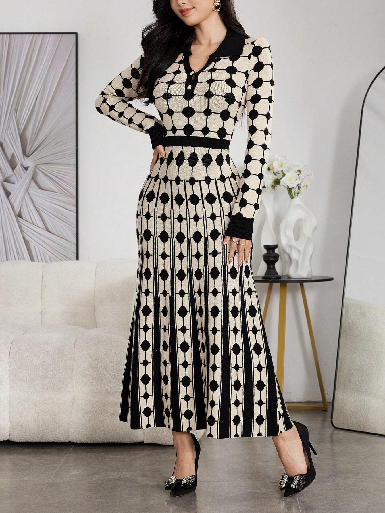 Modely Women Colorblock Polka Dot Bell Hem Sweater Dress shein