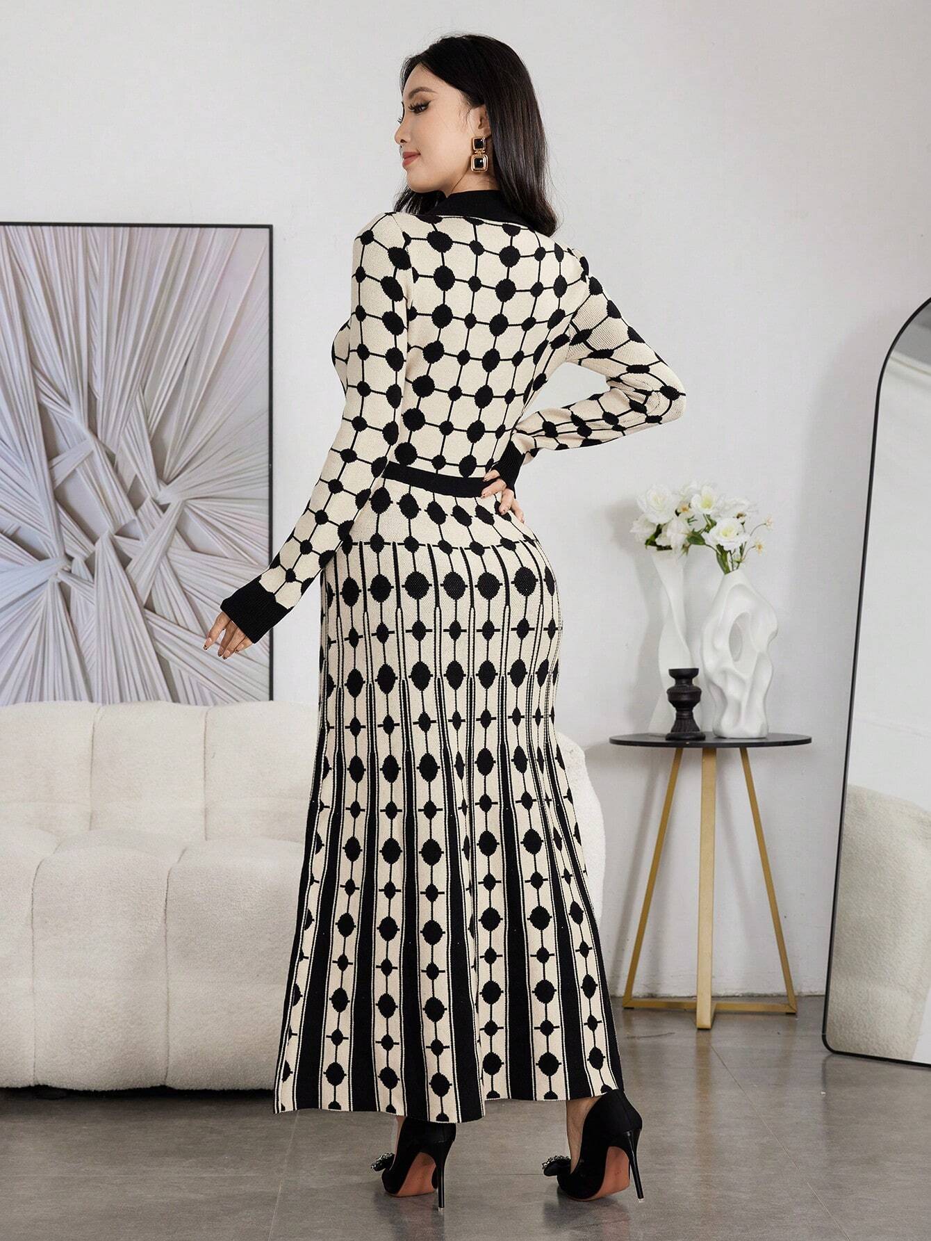 Modely Women Colorblock Polka Dot Bell Hem Sweater Dress shein