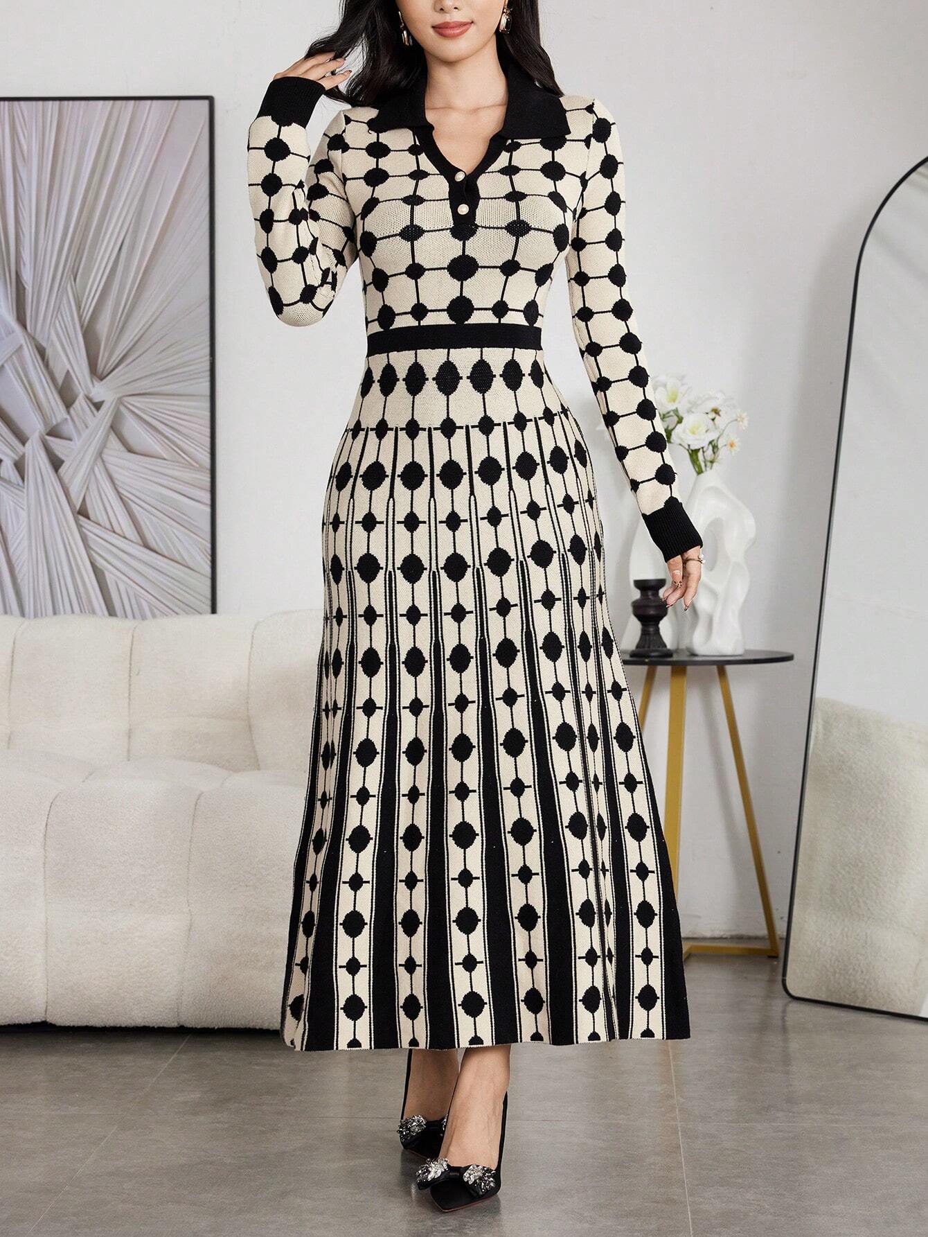 Modely Women Colorblock Polka Dot Bell Hem Sweater Dress shein