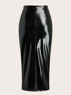 Essnce Solid Color Pleated Back Zipper Slit Skirt shein