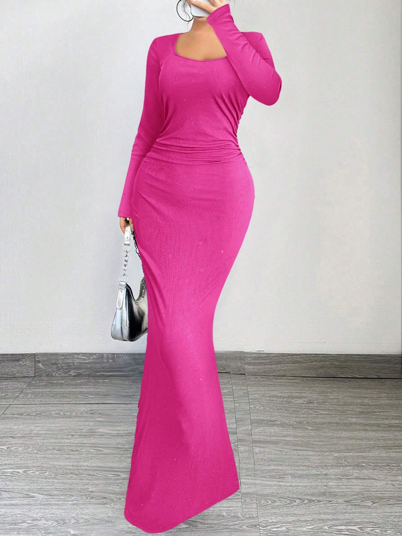 SXY Elegant And Glamorous Ruched Waist Fitted Black Glittery Square Neck Long Sleeve Dress shein