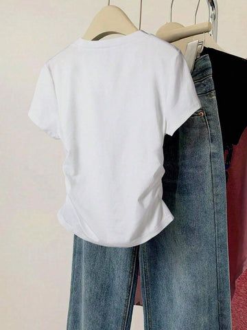 INAWLY Women Solid Color Short Sleeve T-Shirt