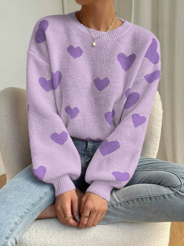 Relaxiva Women Casual Heart Pattern Dropped Shoulder Loose Knit Sweater