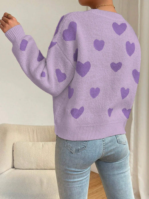 Relaxiva Women Casual Heart Pattern Dropped Shoulder Loose Knit Sweater shein