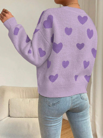 Relaxiva Women Casual Heart Pattern Dropped Shoulder Loose Knit Sweater