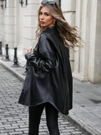 Essnce Women's Plain Color Commuter Casual Front Button Shirt Collar Pocket Detail Faux Leather Coat